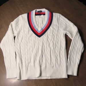 Brooks Brothers Sweater Mens Medium White Cable Knit Tennis V Neck Cotton